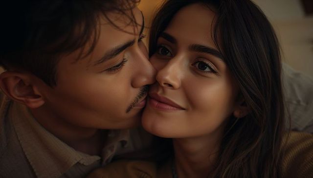 Intimate morning kiss: young couple nuzzling cheek, cozy at-home romantic closeup, soft