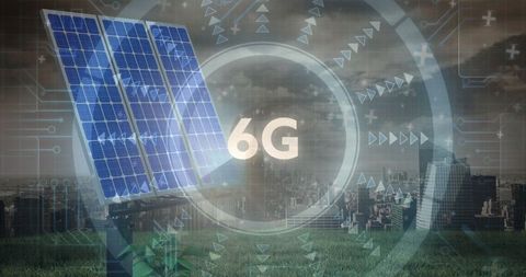 6g future technology with solar panels in urban landscape