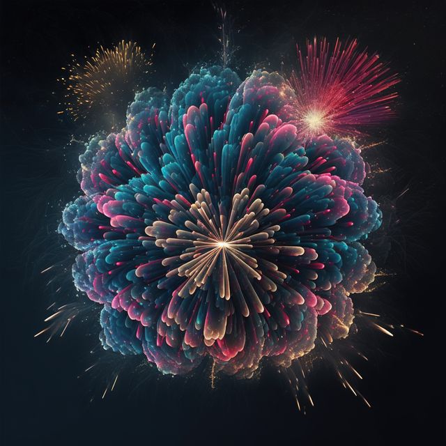 Multi coloured fireworks exploding on black background, created using generative ai technology. Fireworks, new year's eve and celebration concept digitally generated image.