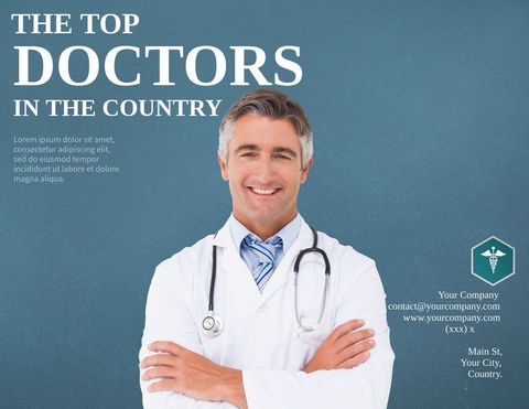 confident doctor in white coat with stethoscope advertising healthcare services - Download Free Stock Templates Pikwizard.com