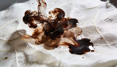 Dark brown ink plume forming curled tendrils on gauze macro closeup wet glossy drops