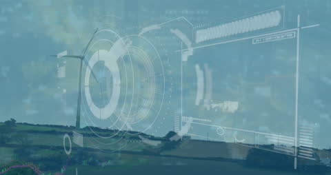 Futuristic Technology over Windmill Landscape with Digital Graphics