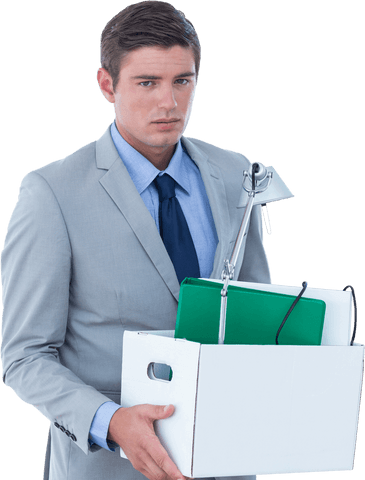 Transparent background of man holding box with office belongings, somber expression