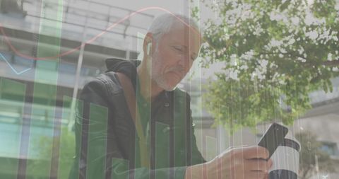 Mature Man Analyzing Stocks on Smartphone with Virtual Data Overlay