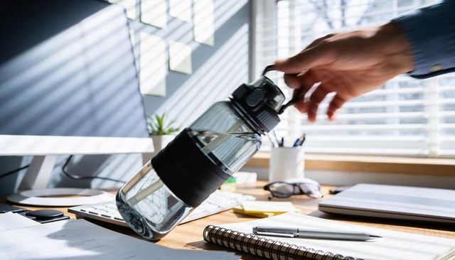 Grabbing reusable water bottle on sunlit minimalist office desk