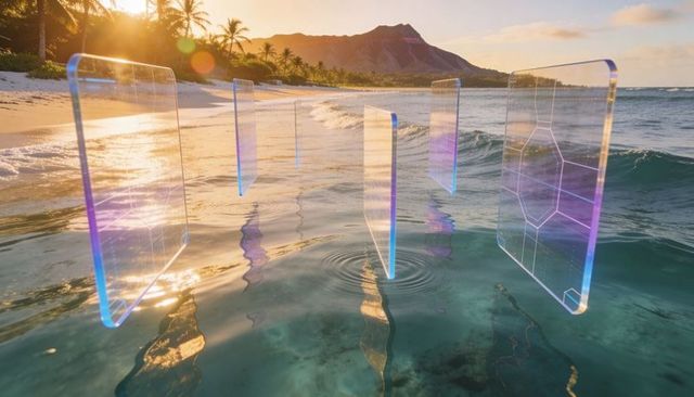 Iridescent holographic glass panels hovering over tropical shoreline at golden hour