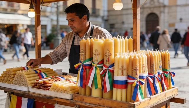 Artisan beeswax pillar candles with crosses and colorful ribbons at european street market