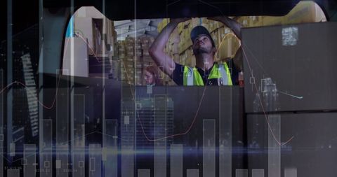 Warehouse Worker Analyzing Sophisticated Financial Graph Overlays