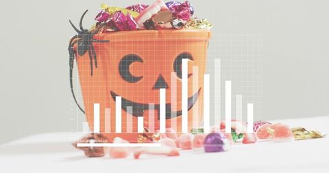 Jack-o'-lantern candy bucket with spider and bar chart overlay for halloween marketing