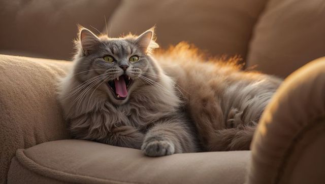 Long-haired grey cat yawning on beige armchair with warm rim lighting and soft cozy fur