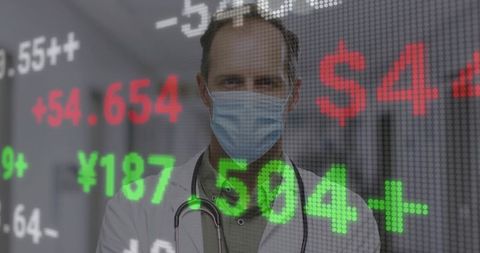 Masked Doctor in Hospital with Stock Market Data Overlay