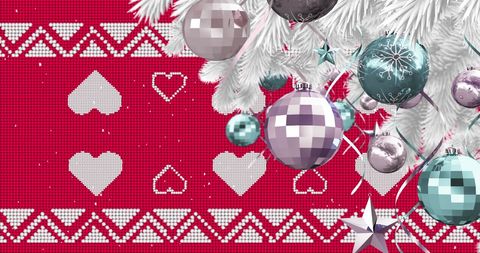 Glittering Baubles on Christmas Tree with Festive Red Pattern