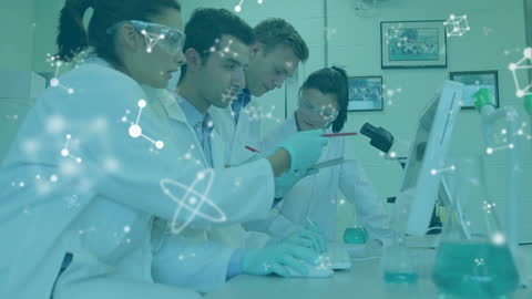 Team of Scientists Collaborating with Digital Molecule Animation
