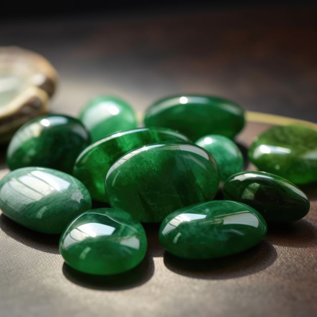 Close-up of polished green jade gemstones on wooden surface. Ideal for use in articles about gemstones, healing properties of crystals, jewelry design inspiration, or natural mineral photography. Can also be used in blogs about mining, geology, or crystal collection.