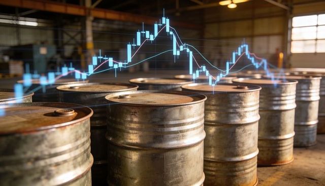 Rusted metal drums in industrial warehouse with candlestick market chart overlay