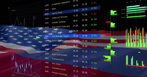 Financial data and charts overlaid on us and russian flags