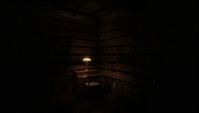 Vintage study desk glowing under warm lamp among leather-bound library shelves