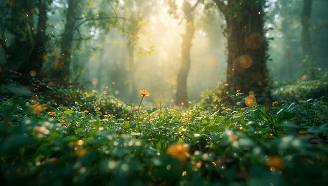 Standing yellow wildflower rising above dewy forest floor under golden sunbeams