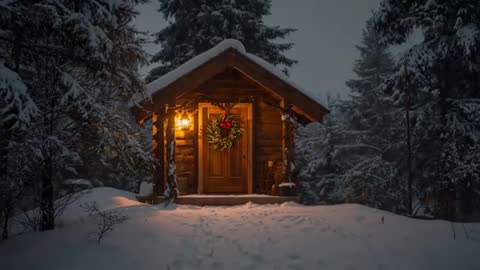 Snowfall blanketing cozy log cabin glowing with lantern light and holiday wreath in forest night