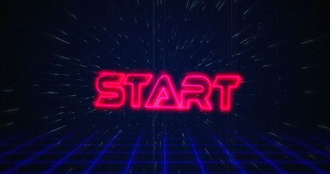 Retro start button in glitch effect with grid and hyperspace background
