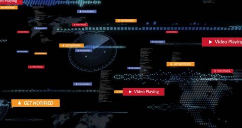 Futuristic HUD Dashboard Radar Sweep with Streaming Notifications over Dotted World Map
