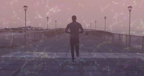 Man Exercising on Promenade Against Digital Overlay