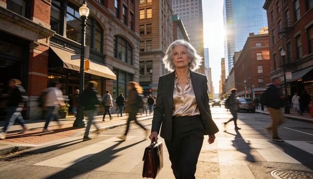Senior executive striding confidently across sunlit urban crosswalk carrying leather briefcase