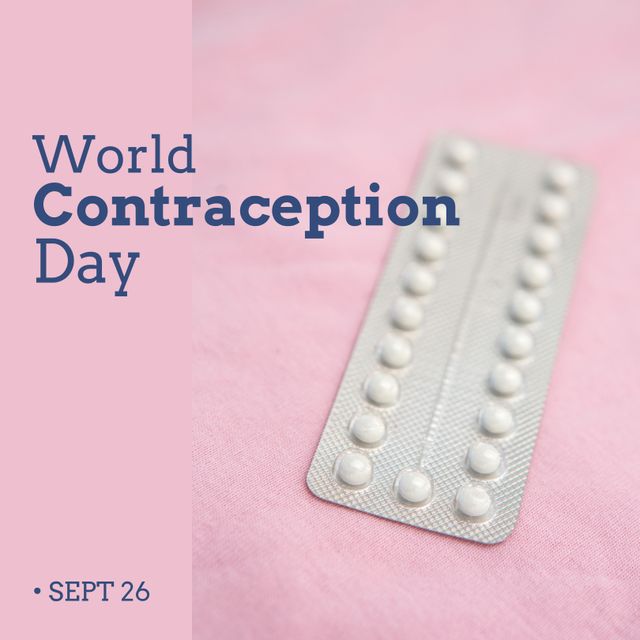 Illustration of blister pack with world contraception day and sept 26 text on pink background. Copy space, pill, drugs, pregnancy, birth control, awareness, healthcare, campaign and prevention.