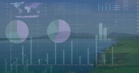 Futuristic Data Visualization Overlay on Coastal Landscape