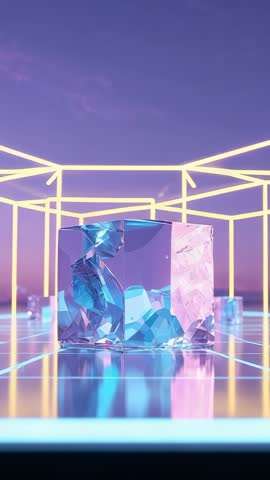 Vertical futuristic crystal rotating on neon grid with emerging cubes, abstract sci-fi loop