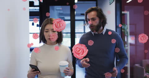 Colleagues Engaging with Digital Media Icons Overlay