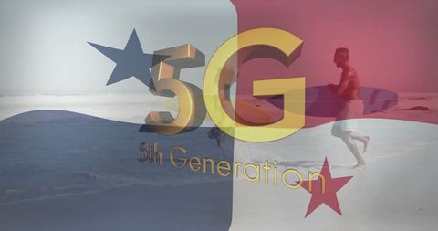 Surfer Running on Beach with 5G 5th Generation Technology Background