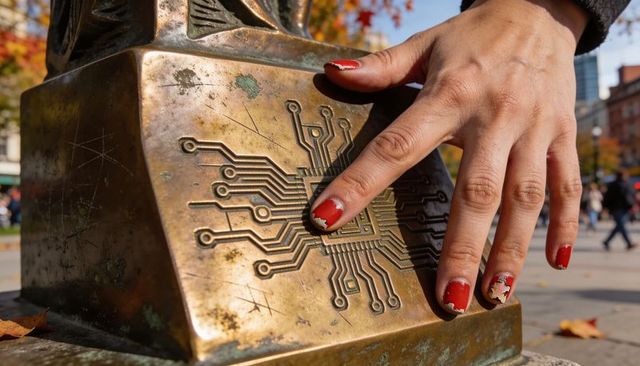 Hand touching brass circuit engraving on pedestal with chipped red nails in autumn plaza