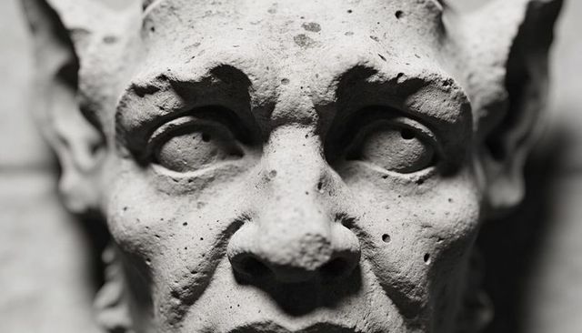 Weathered stone sculpted face closeup, pitted texture and deep dramatic shadows on masonry