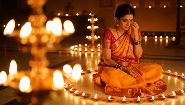Woman sitting in orange saree lighting diyas during traditional lamp lighting festival
