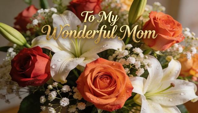 Gold 'to my wonderful mom' lettering on orange rose and white lily bouquet for mother's day