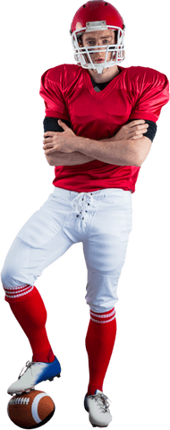 Confident american football player in red uniform against transparent background