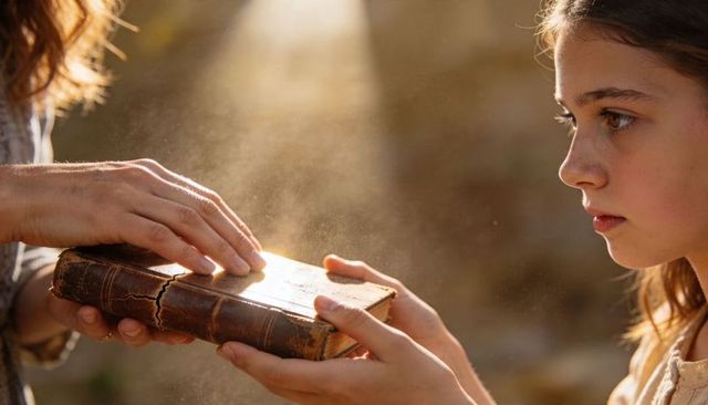 Passing down wisdom daughter receiving antique leather book in golden hour light