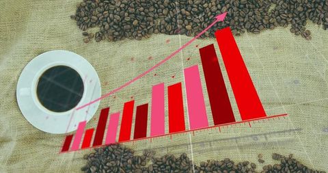 Coffee business growth concept with rising bar chart on burlap tabletop and beans