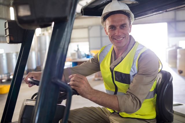 Portrait of happy worker driving forklift in oil factory