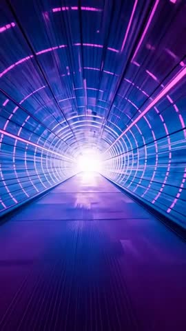 Vertical Neon Tunnel Moving Forward Through Futuristic LED Ring Corridor for Dynamic Visuals