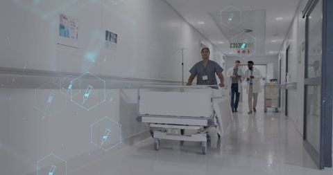 Modern Hospital Corridor with Healthcare Professionals and Medical Icons