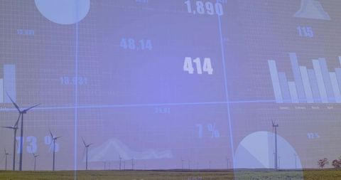 Wind Farm Data Overlay Showing Renewable Energy Analytics and Turbine Silhouettes