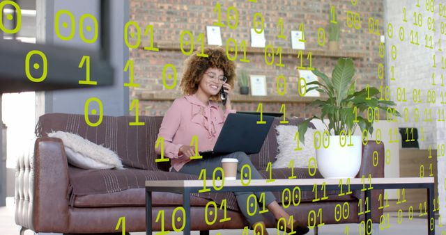 Businesswoman Working on Laptop with Binary Code Overlay - Download Free Stock Images Pikwizard.com