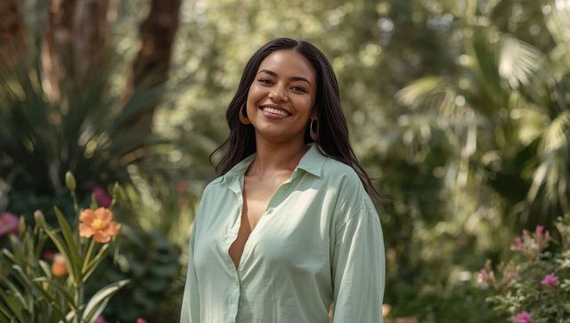 Joyful Woman in Tropical Garden Surrounded by Blossoms