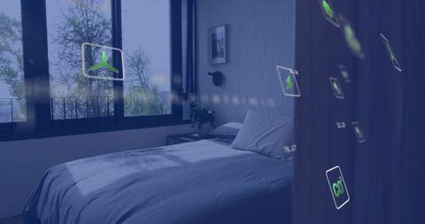 Minimal modern bedroom with sunlight casting across bed and floating smart-home holograms