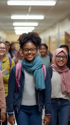 Vertical video of diverse high school students walking down hallway with backpacks, smiling