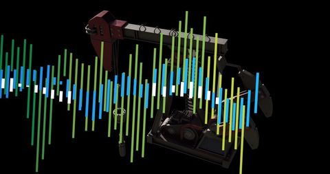 Financial graphs overlay with oil refinery pump