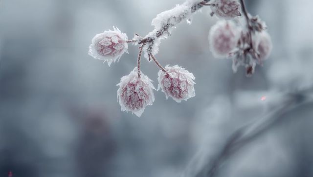 Glittering frosted rose buds hanging on twig, hoarfrost macro, desaturated winter closeup