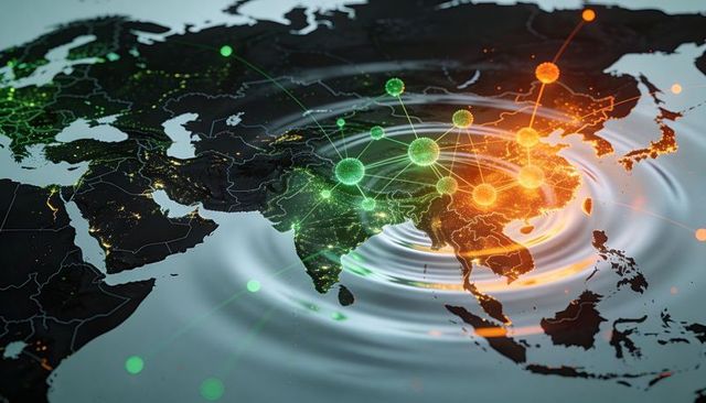 Neon Network Map South East Asia Showing Connected Nodes, Data Ripples, City Lights